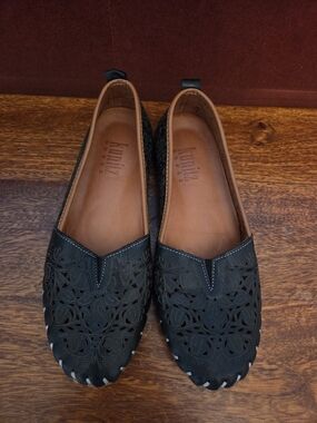 Laser-Cut Black Leather Slip-On Flats by